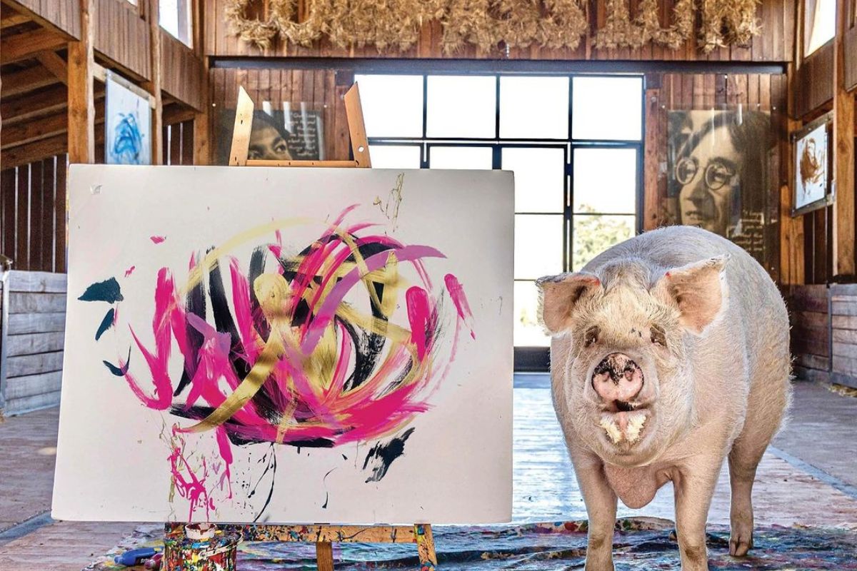Pigcasso ao lado de uma das telas abstratas da artista. Foto: Arquivo Pessoal/Redes Sociais