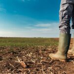 Perna de agricultor com bota de borracha suja de barro na lavoura