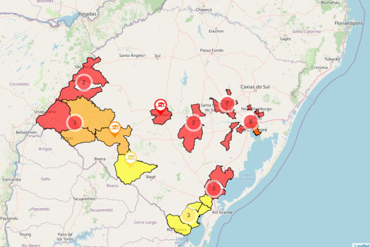 Os Níveis de Alerta indicados no mapa são muito alto (vermelho), alto (laranja) e moderado (amarelo). Imagem: Cemaden