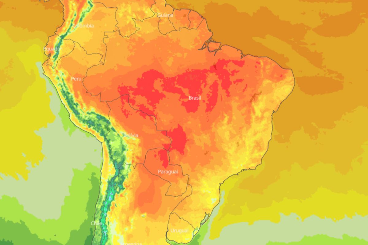 Mapa de previsão de temperaturas no Brasil durante o sábado 08 de junho de 2024 | Foto: Meteoblue