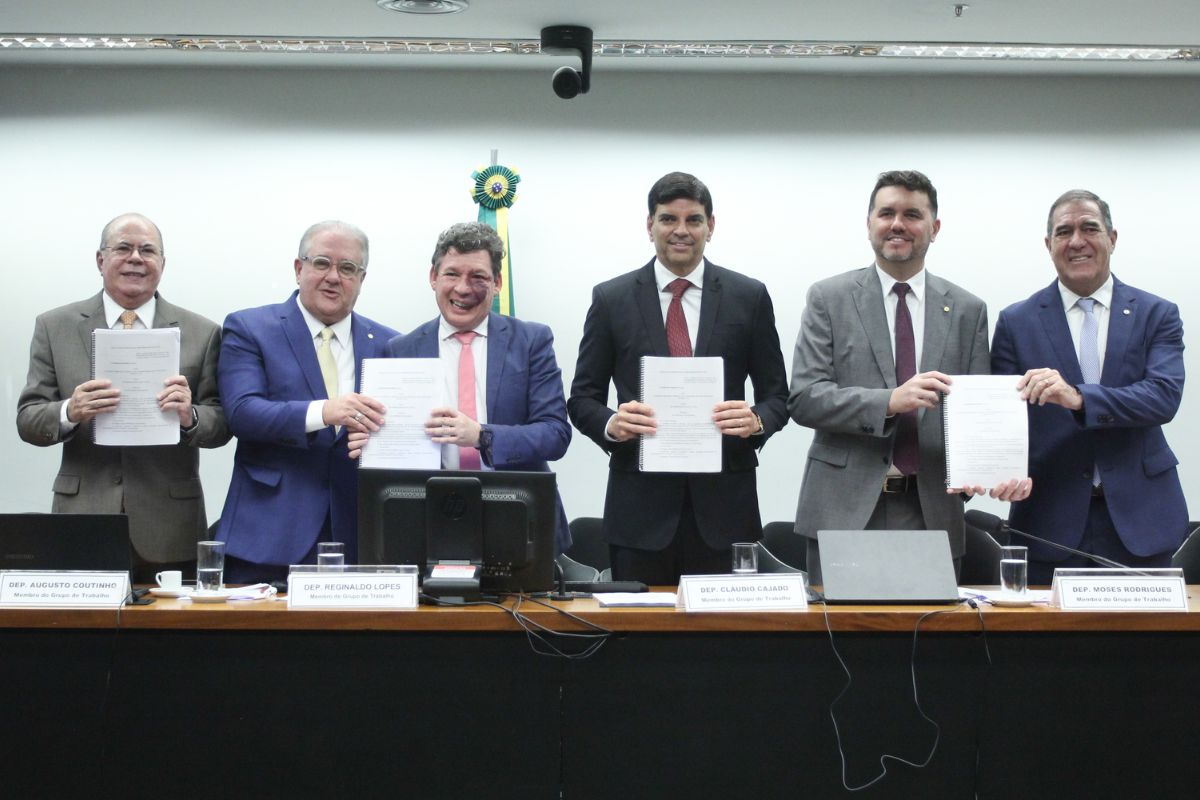 Membros do GT na apresentação do relatório. Da esquerda para direita: dep. Hildo Rocha (MDB - MA), dep. Augusto Coutinho (REPUBLICANOS - PE), dep. Reginaldo Lopes (PT - MG), dep. Claudio Cajado (PP - BA), dep. Moses Rodrigues (UNIÃO - CE) e dep. Luiz Gastão (PSD - CE). Foto: Vinicius Loures/Câmara dos Deputados