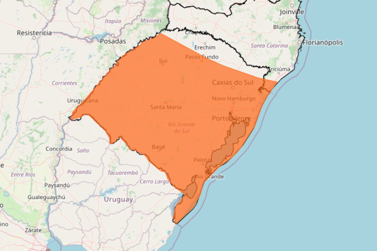 Alerta de onda de frio com grau de severidade laranja para maior parte do Rio Grande do Sul. Imagem: Inmet