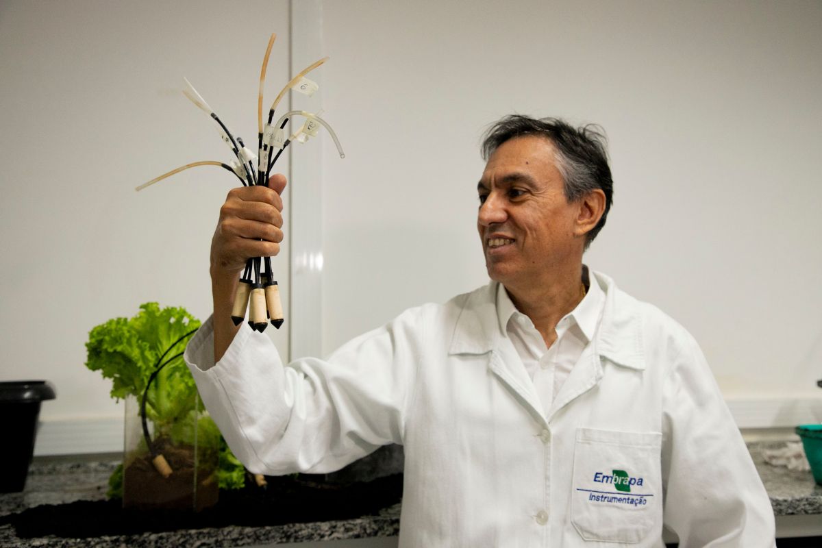 O pesquisador Carlos Vaz, da Embrapa Instrumentação, garante que os componentes do sensor são de baixo custo. Foto: Embrapa/Divulgação