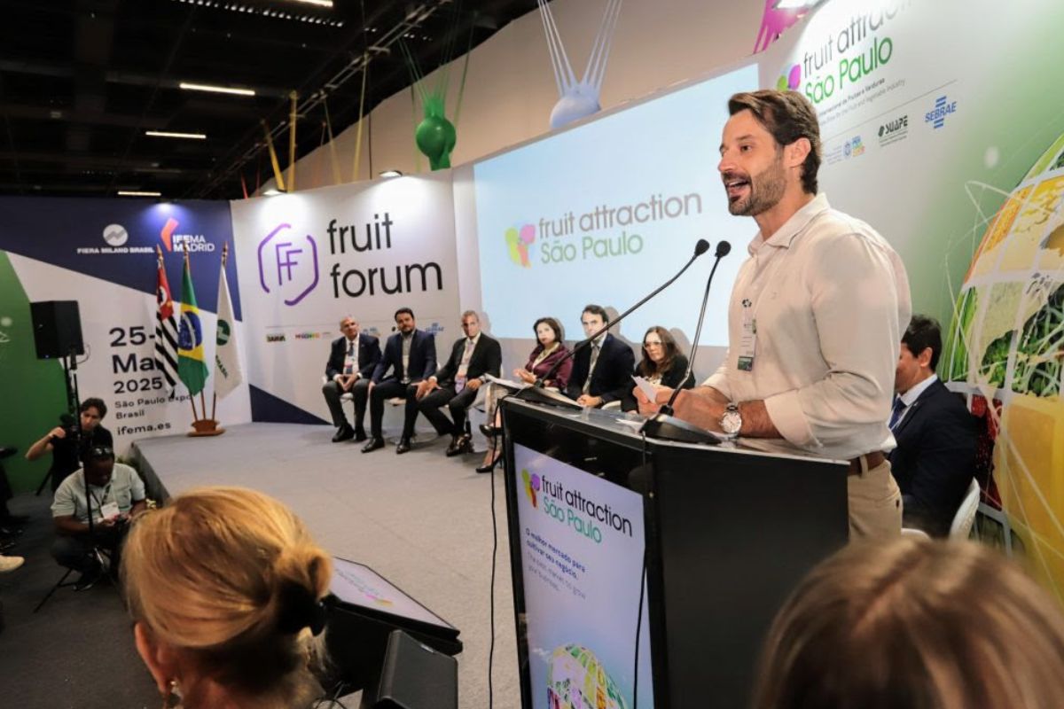 Secretário de Agricultura de São Paulo, Guilherme Piaí, durante abertura da Fruit Attraction SP 2025. Foto: Divulgação