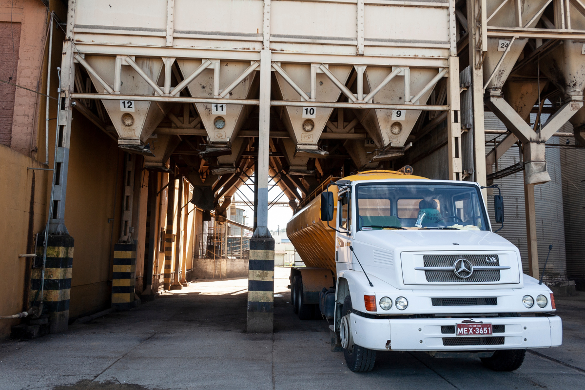 Caminhão carregado com sementes no centro de armazenamento de grãos de soja