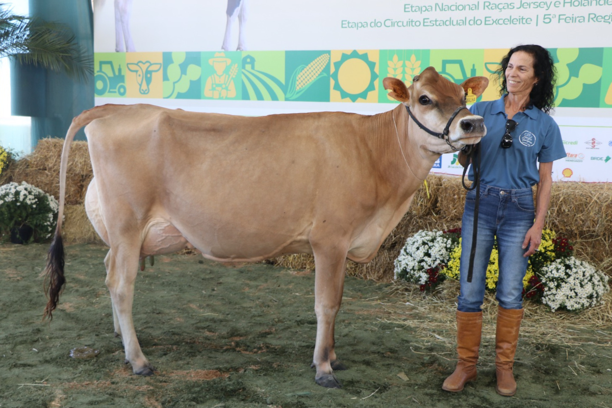 A vaca campeã da categoria jovem ao lado de sua proprietária, Carmem Petersen Dias da Costa. Foto: Felipe Dorneles/ ExpoAgro Cotricampo